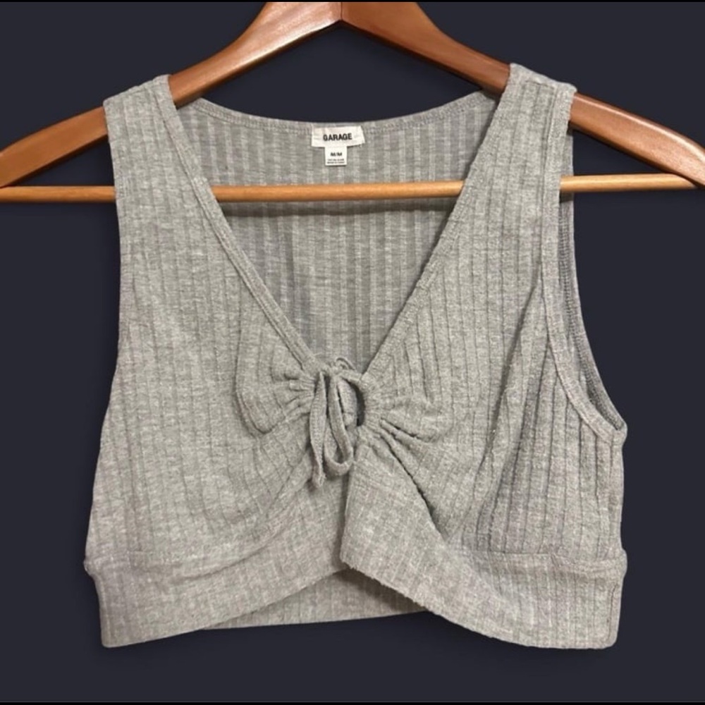 Garage Gray Ribbed Tie Front Crop Tank